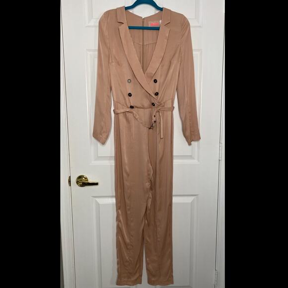 FREE PEOPLE Silky Satin Low V-neck Button Front Long Sleeve Belted Jumpsuit XS - Picture 6 of 12
